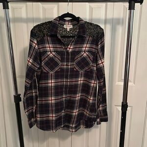 Express Plaid Long Sleeve Flannel Top With Sequence